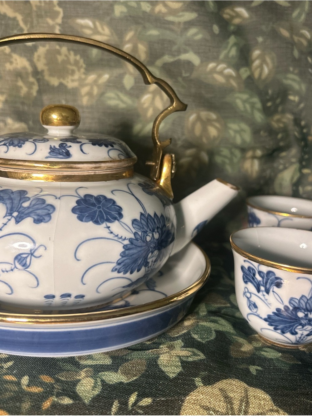 Vintage Blue & White Tea Set w/ Otagiri Original Japan Serving Tray 3 Cups